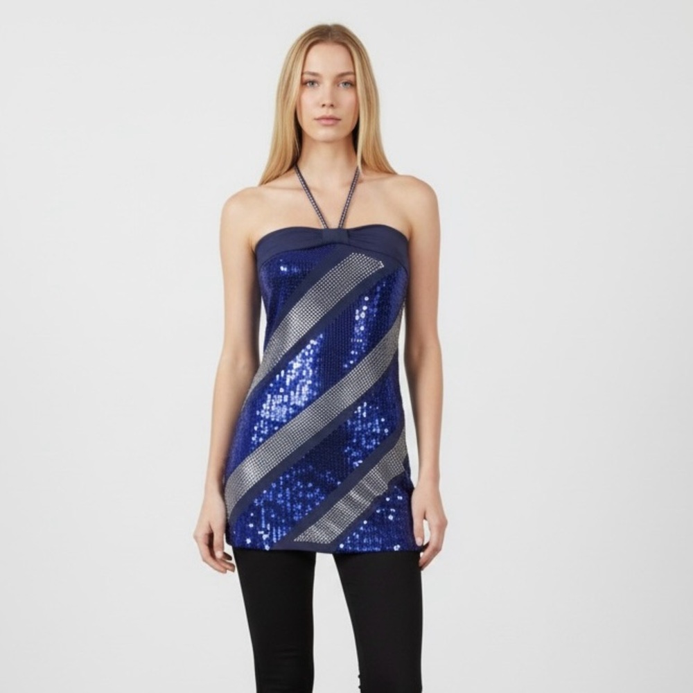 Leticia Blue and Silver Sequins Striped Halter Tank Top
